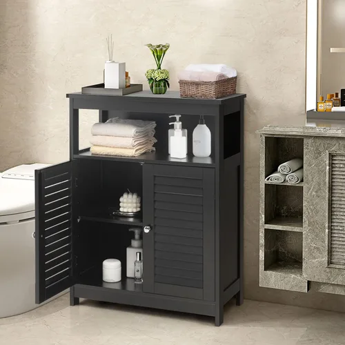 Miniatura 4 de COSTWAY Armario de almacenamiento para baño, organizador de almacenamiento lateral de madera con puertas de rejilla y estante extraíble, gabinete