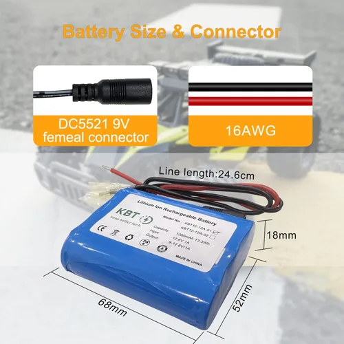 Miniatura 3 de KBT 12V 1200mAh Batería recargable de iones de litio, paquete de batería de repuesto con cables desnudos y cargador compatible para dispositivos