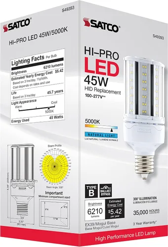 Miniatura 9 de Satco S49393 Bombilla LED de mazorca de maíz, base extendida Mogul, 45 W, clasificación de 35000 horas, 6210 L, luz natural