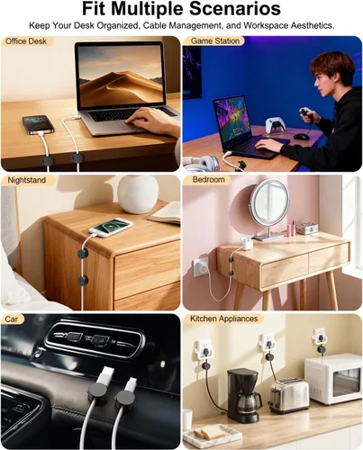 Miniatura 7 de OneLeaf Paquete de 8 clips magnéticos fuertes para cables con rotación de 360°, soporte para cables para mesita de noche, soporte para cargador