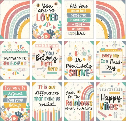 Carson Dellosa Education We Belong - Pósteres de 12 piezas, arte de pared motivacional de 8.5 x 11 pulgadas con arco iris y afirmaciones positivas