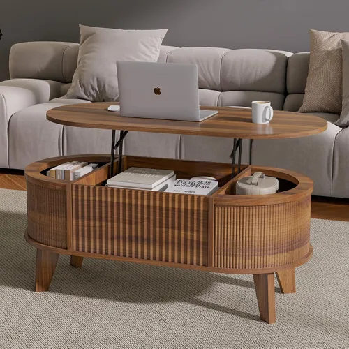 LYNCOHOME Mesa de Centro con Tapa Elevable Acanalada con Almacenamiento, Mesa de Centro Ovalada Moderna para Sala de Estar u Oficina en Casa (Nogal)
