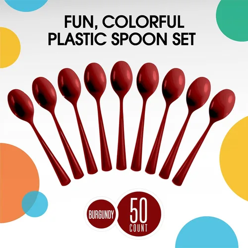 Miniatura 3 de Exquisite Cucharas de plástico color burdeos, 50 unidades, cucharas de color burdeos, utensilios desechables de plástico resistente, juego de Borgoña