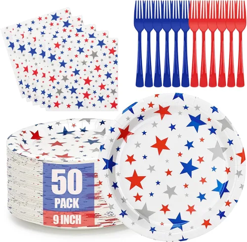 150 piezas de suministros de fiesta del 4 de julio para 50 invitados, platos de papel patrióticos desechables, juego de servilletas y tenedores,