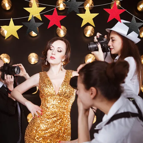 Miniatura 5 de Gejoy 80 piezas de recorte de estrellas con purpurina, decoración de estrellas doradas, estrella de papel doble impresa para noche de cine
