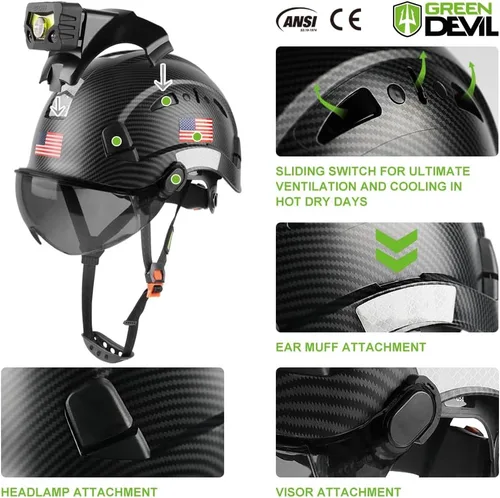 Miniatura 2 de GREEN DEVIL Casco de seguridad con luz recargable para faros delanteros y forro para casco, correa para barbilla, para hombre, ventilada