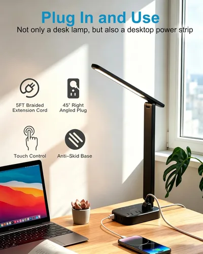 Miniatura 6 de One Beat Pequeña lámpara LED de escritorio, cable de extensión de 5 pies con 3 tomas, 4 puertos USB (2 USB C), 4 modos, lámpara táctil de 5 niveles