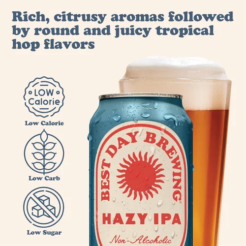 Miniatura 3 de Best Day Brewing Cerveza artesanal sin alcohol, Hazy IPA, paquete de 12, baja en carbohidratos y baja en calorías NA Hazy IPA, sabor a fruta