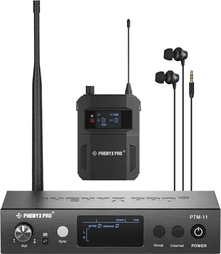 Phenyx Pro UHF Mono Sistema de monitores intrauditivos inalámbricos, Sistema IEM inalámbrico metálico, Receptor Bodypack, 50 frecuencias ajustables,
