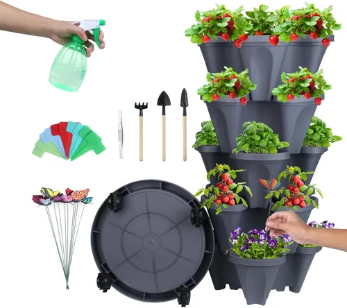Miniatura 28 de Macetas apilables de polipropileno DUNCHATY, de 5 niveles, verde pino, para interior/exterior, 29" de altura x 13.6" de diámetro 2-1 Paquete