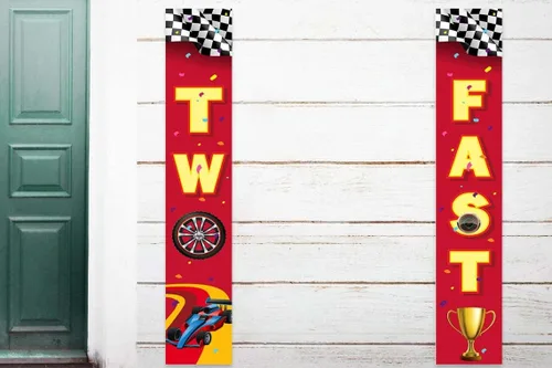 Miniatura 4 de Two Fast 2 RaceCar - Cartel de feliz 2º cumpleaños con texto en inglés "Happy 2nd Birthday", bandera de control de coche de carreras, decoración