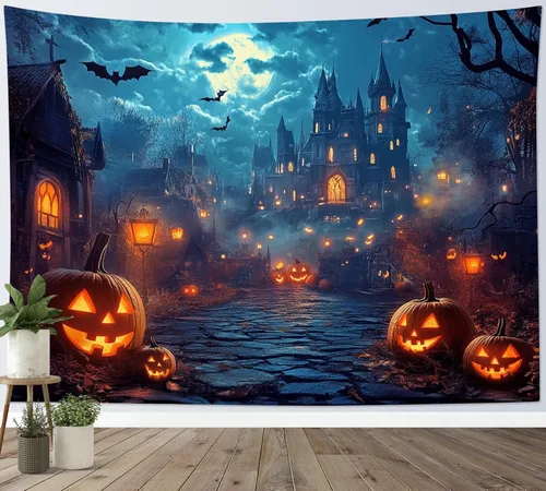 Miniatura 37 de HVEST Tapiz de noche de Halloween, tapiz para colgar en la pared, bosque embrujado con tumba y calabazas, manta de pared para dormitorio, sala