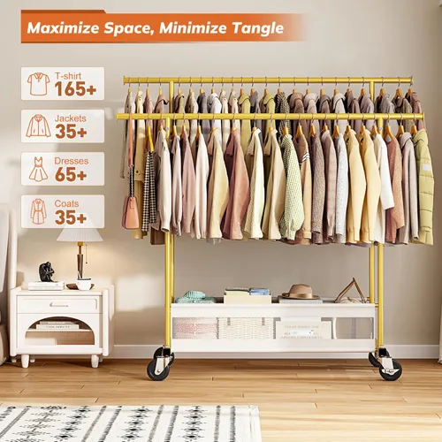 Miniatura 2 de Perchero de ropa para colgar ropa, perchero portátil con ruedas, perchero de ropa de doble barra con cesta de almacenamiento, perchero