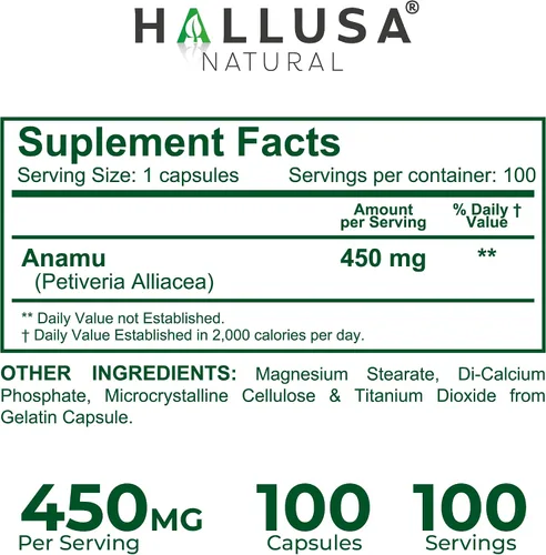 Miniatura 7 de Hallusa Natural Raíz de Anamu 450 mg - Petiveria Allicea - Anamu Cápsulas Orgánicas - Sistema Inmunológico y Energía - 100 Cápsulas