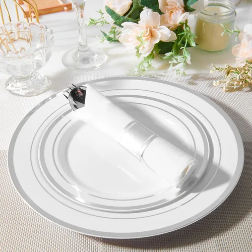 Miniatura 2 de JollyPack 100 piezas de platos desechables de plástico plateado para fiestas, incluyendo 50 platos llanos de 10 pulgadas y 50 de 7 pulgadas