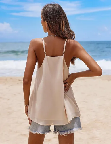 Miniatura 5 de SUNAELIA Camisola de gasa con cuello en V para mujer, ajuste holgado, con tirantes delgados, camisola de verano casual sin mangas