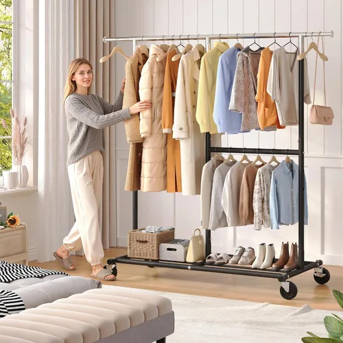 Miniatura 2 de Raybee Perchero para Ropa Resistente 200+LBS, Percheros para Colgar Ropa, Perchero de Metal con Ruedas, Perchero Comercial para Prendas Rodante Negro