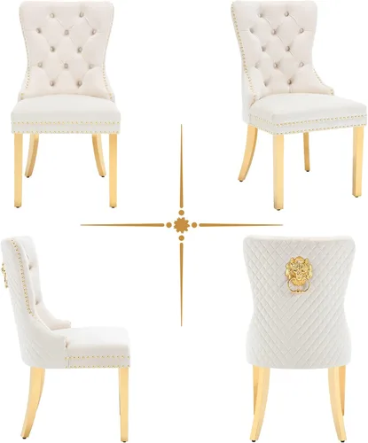 Miniatura 8 de Civama Juego de 2 sillas de comedor, elegantes sillas de comedor de terciopelo capitonado de lujo con patas doradas y adornos de clavos, tirador