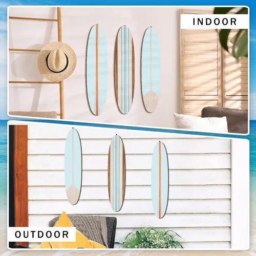 Miniatura 6 de Gerrii 3 piezas de decoración de pared de tabla de surf de 23.6 x 5.4 pulgadas, decoración estética grande de madera bonita tropical playa arte
