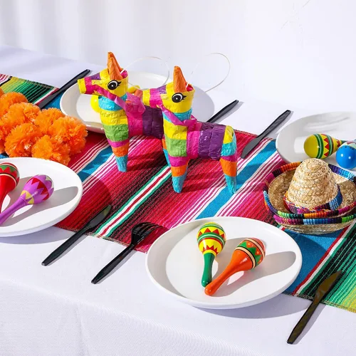 Miniatura 5 de Libima 26 decoraciones de fiesta mexicanas incluyen 6 burros, 12 maracas grandes para fiestas, 2 caminos de mesa de serape, 6 sombreros