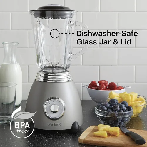 Miniatura 5 de West Bend Licuadora de estilo retro de 3 velocidades con tarro de mezcla de vidrio de 48 oz y hoja de acero inoxidable, 500 vatios, gris