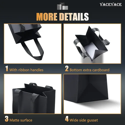 Miniatura 4 de Bolsas de regalo de papel kraft negro, 20 unidades de 5.25 x 3.75 x 8 pulgadas con asas de cinta para bodas, fiestas, cumpleaños, venta al por menor