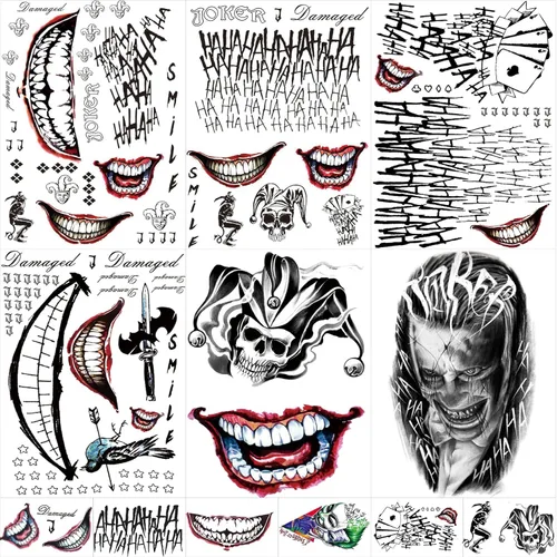 Miniatura 12 de JEEFONNA 22 hojas de tatuajes temporales de Halloween HQ Joker, disfraces perfectos para Halloween, accesorios de fiesta de Halloween y cosplay