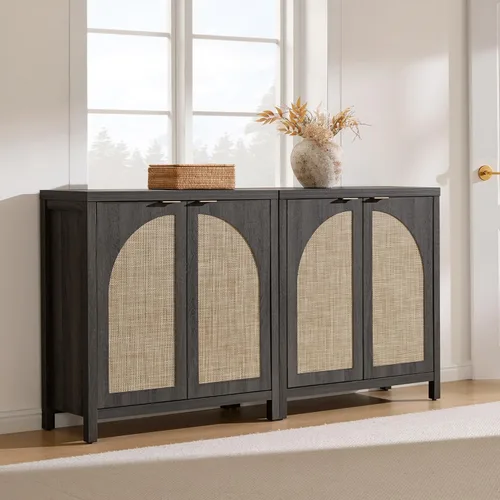 Miniatura 7 de SICOTAS Juego de 3 aparadores de ratán de 102 pulgadas de ancho, armario de almacenamiento moderno Credenza con puertas de arco y estantes, Roble