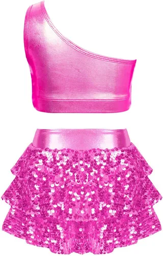 Miniatura 94 de JEATHA Top corto con borlas y lentejuelas brillantes para niñas, con minifalda, jazz latino, salsa, samba, rumba, baile