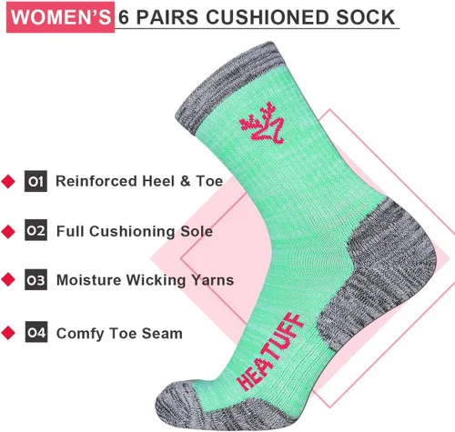 Miniatura 4 de Heatuff Paquete de 6 calcetines de senderismo para mujer, calcetines deportivos de alto rendimiento, amortiguadores de senderismo al aire libre