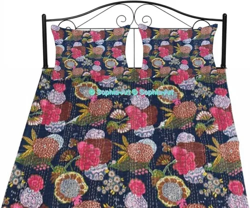 Miniatura 12 de Sophia-Art Colcha reversible de frutas indias para cama individual/king con patrón Gudri de algodón puro estilo Kantha, colcha decorativa con Rosa