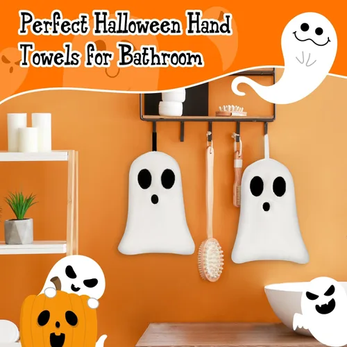 Miniatura 4 de Quera Paquete de 2 toallas de mano con diseño de fantasmas de Halloween, bordadas, decoración de lujo, para baño, juego de toallas decorativas