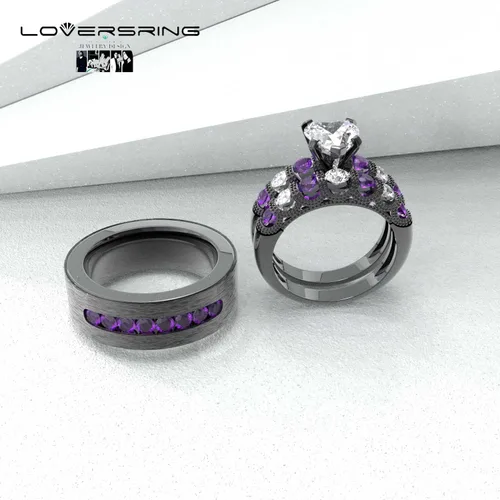 Miniatura 34 de Conjunto de dos anillos de boda para él y para ella, anillos para parejas. Anillos de compromiso para novia en acero inoxidable chapado en oro Blanco