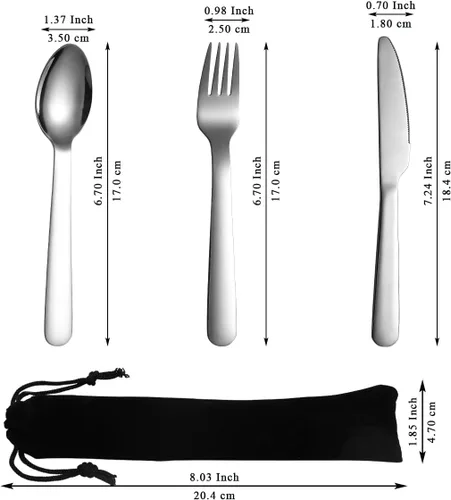 Miniatura 2 de Evanda Juego de cubiertos portátiles de 3 piezas, incluye cuchara tenedor y cuchillo, juego de cubiertos de camping con bolsa negra, para el hogar