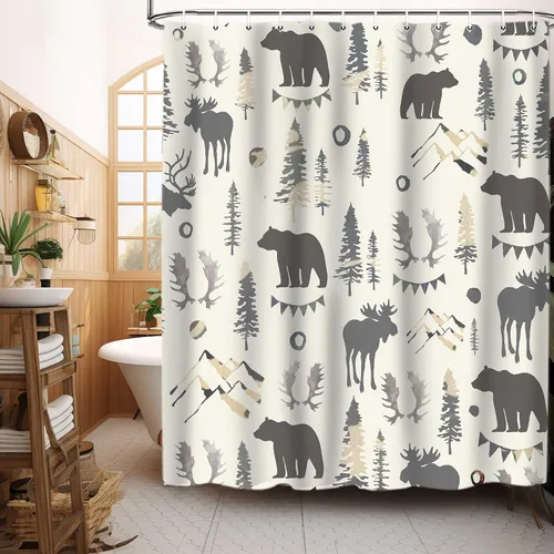 Miniatura 8 de Cortina de ducha de oso de 72 x 72 pulgadas, decoración de baño de bosque de montaña con ciervos y pinos, juego de tela impermeable con temática