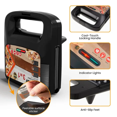 Miniatura 3 de Máquina 3 en 1 para Gofres, Parrilla y Sándwiches, Sandwichera Prensa Panini Plancha de Gofres con Placas Antiadherentes Extraíbles y Luces
