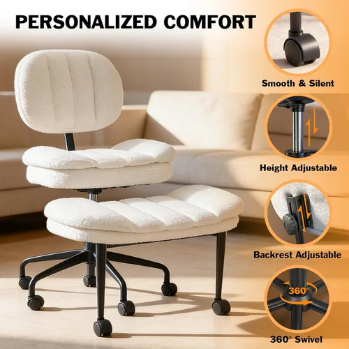 Miniatura 6 de Silla cruzada con reposapiés, silla de oficina giratoria de piel de oveja sintética de 360°, asiento extra ancho con comodidad similar al sofá, Lana