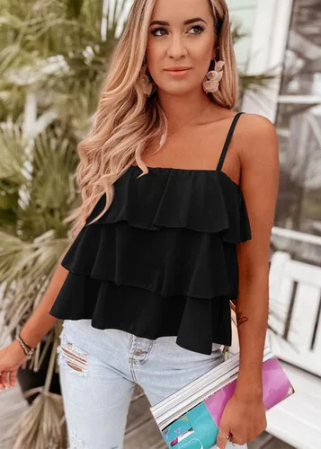 Miniatura 2 de KIRUNDO Blusa tipo babydoll con volantes y tirantes delgados para mujer, para verano, en capas, para playa, moda, vacaciones, crucero
