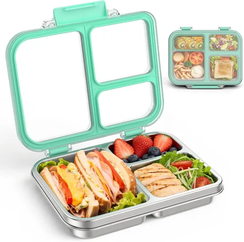 BABHAMNESS Lonchera Bento de acero inoxidable para niños y adultos, 3 compartimentos, caja Bento de metal con tapa transparente y recipiente de Azul