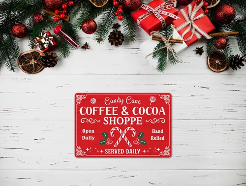 Miniatura 4 de Letrero de hojalata de Café y Cacao Tienda divertido, letreros de metal navideños retro, letrero de Santa retro, decoración de pared navideña para P9