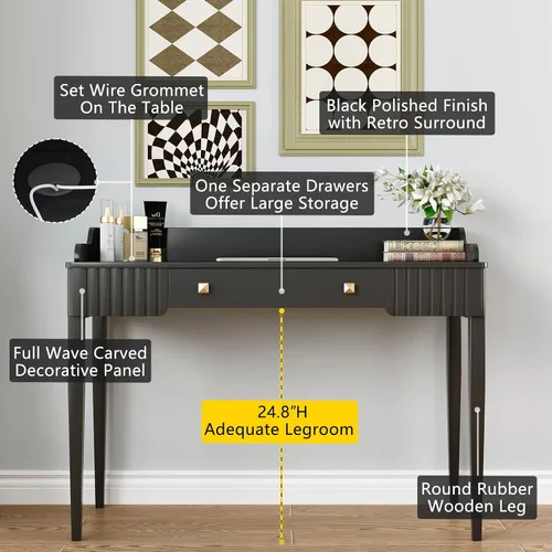 Miniatura 4 de Escritorio de maquillaje de madera negra que ahorra espacio, mesa moderna para computadora con cajones y asas doradas
