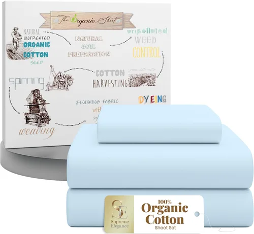 Miniatura 10 de SUPREME ELEGANCE Juego de sábanas tamaño King 100% algodón orgánico, percal nítido, ligeras y transpirables, sábanas de cama azul oscuro, bolsillo