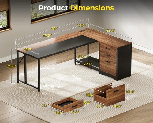 Miniatura 2 de AODK Escritorio de oficina en forma de L de 61 pulgadas con cajones de madera y archivador con cerradura, escritorio de esquina reversible de 21.7