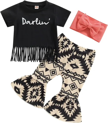 Miniatura 50 de fhutpw Conjunto de camiseta de manga corta con estampado de vaca y pantalones acampanados de dibujos animados para niñas