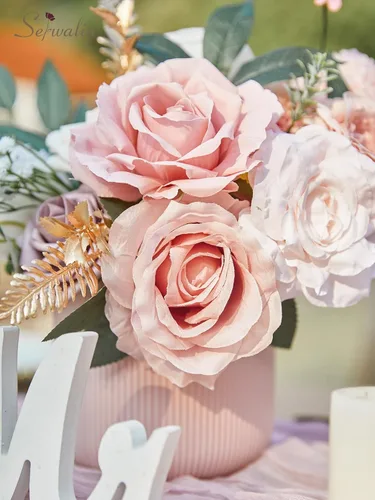 Miniatura 7 de Serwalin Flores artificiales, decoración de boda rosa, flores rosas, decoración de pasteles, flores falsas, flores de seda, ramos de novia, centros