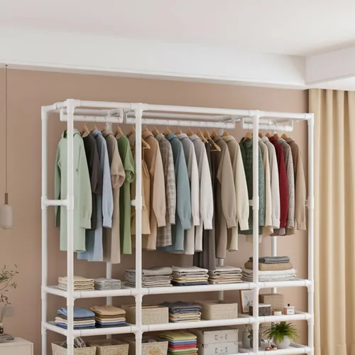 Miniatura 2 de Armario portátil para colgar ropa, armario de estilo japonés, perchero con 3 varillas para colgar, 9 estantes de almacenamiento, 56.2 pulgadas