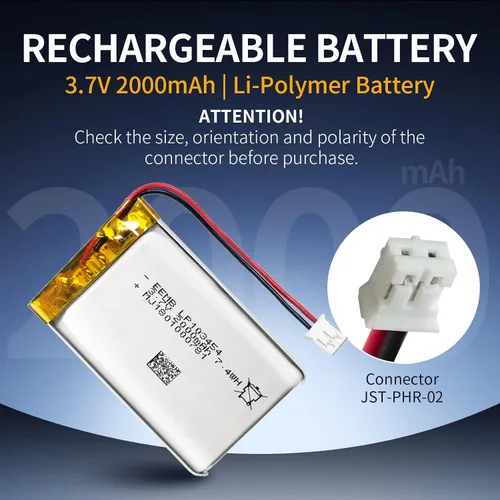 Miniatura 3 de EEMB Batería de Polímero de Litio 3.7V 2000mAh 103454 Paquete de Batería Recargable Lipo con Conector JST para Altavoz y Dispositivo Inalámbrico