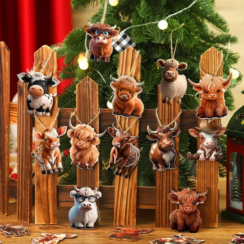 Miniatura 7 de Wenqik 36 piezas de decoración de madera de vaca de las tierras altas del oeste, juego de adornos de Navidad con bonitos recortes de ganado