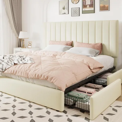 Miniatura 16 de Allewie Base de cama de almacenamiento tamaño completo, cabecera ajustable con canal vertical acolchado, plataforma tapizada de terciopelo con 4