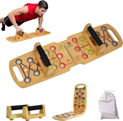 Tabla de empuje portátil de madera, soporte plegable de entrenamiento de fuerza con agarres de barra sólida, 2 asas para piso, equipo de